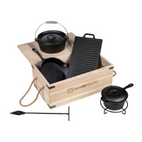 Litinové nádobí na vaření a grilování na ohni, sada 9 ks